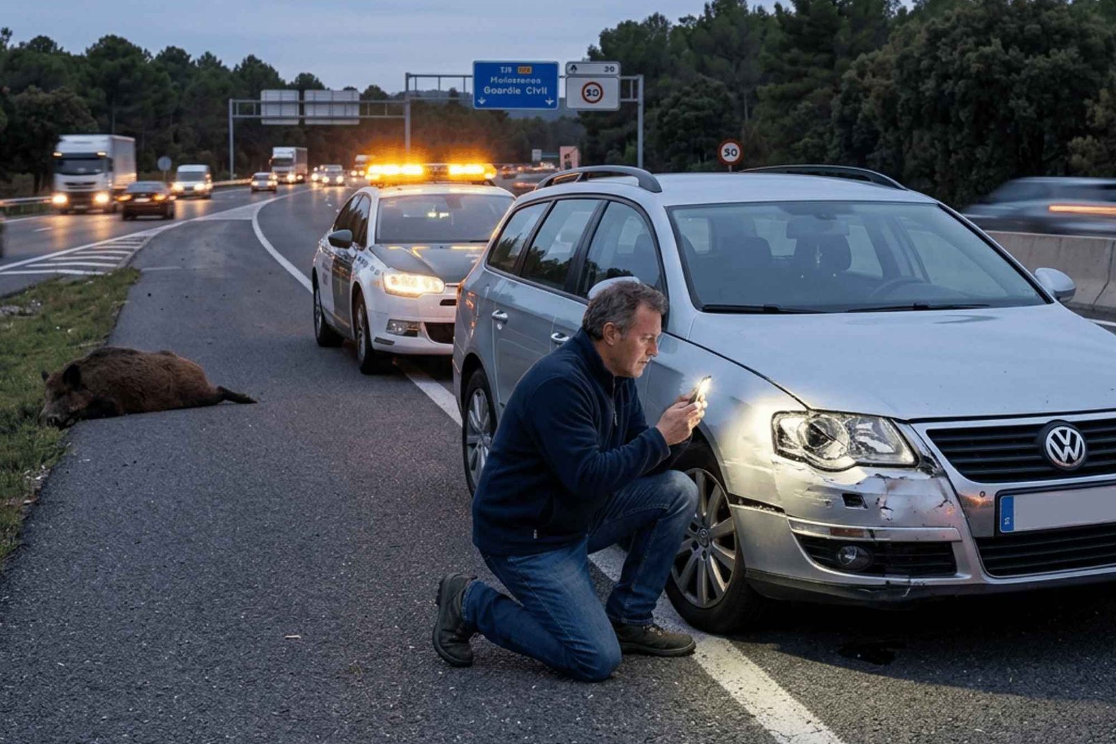 Atropello de jabalí en autopista: conductor revisa los daños de su vehículo tras un accidente con animales en autopista